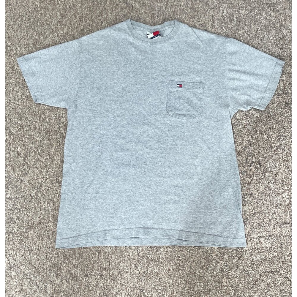 VTG Tommy Hilfiger Pocket T-Shirt Mens S Gray Embroidered 90s Made in USA